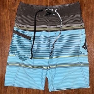 Boys Volcom Mod-Tech Black Blue Swim Trunks Striped Board Shorts - 23 (S 10)